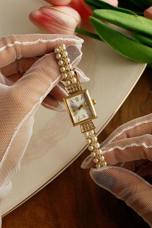 Pearl Gold Dikdörtgen Metal İncili Kol Saati 16