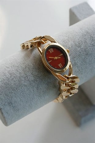 	Premium Aveny Oval Gold Metal Kol Saati(bordo kadran)
