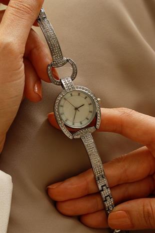 Premium Seri Zirkon Taşlı Silver Metal Kadın Kol Saati