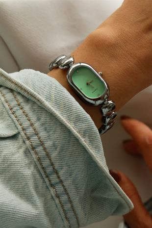Premium Zerina Silver Metal Kadın Kol Saati(yeşil kadran)