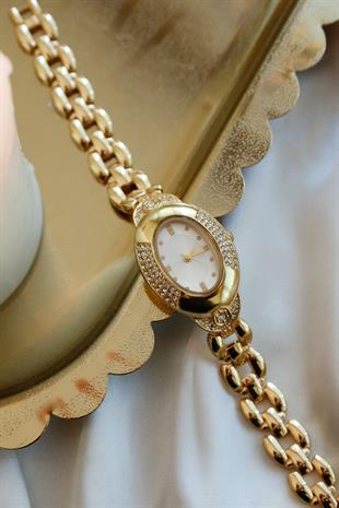 Yeni Premium Oval Taşlı Gold Kadın Kol Saati