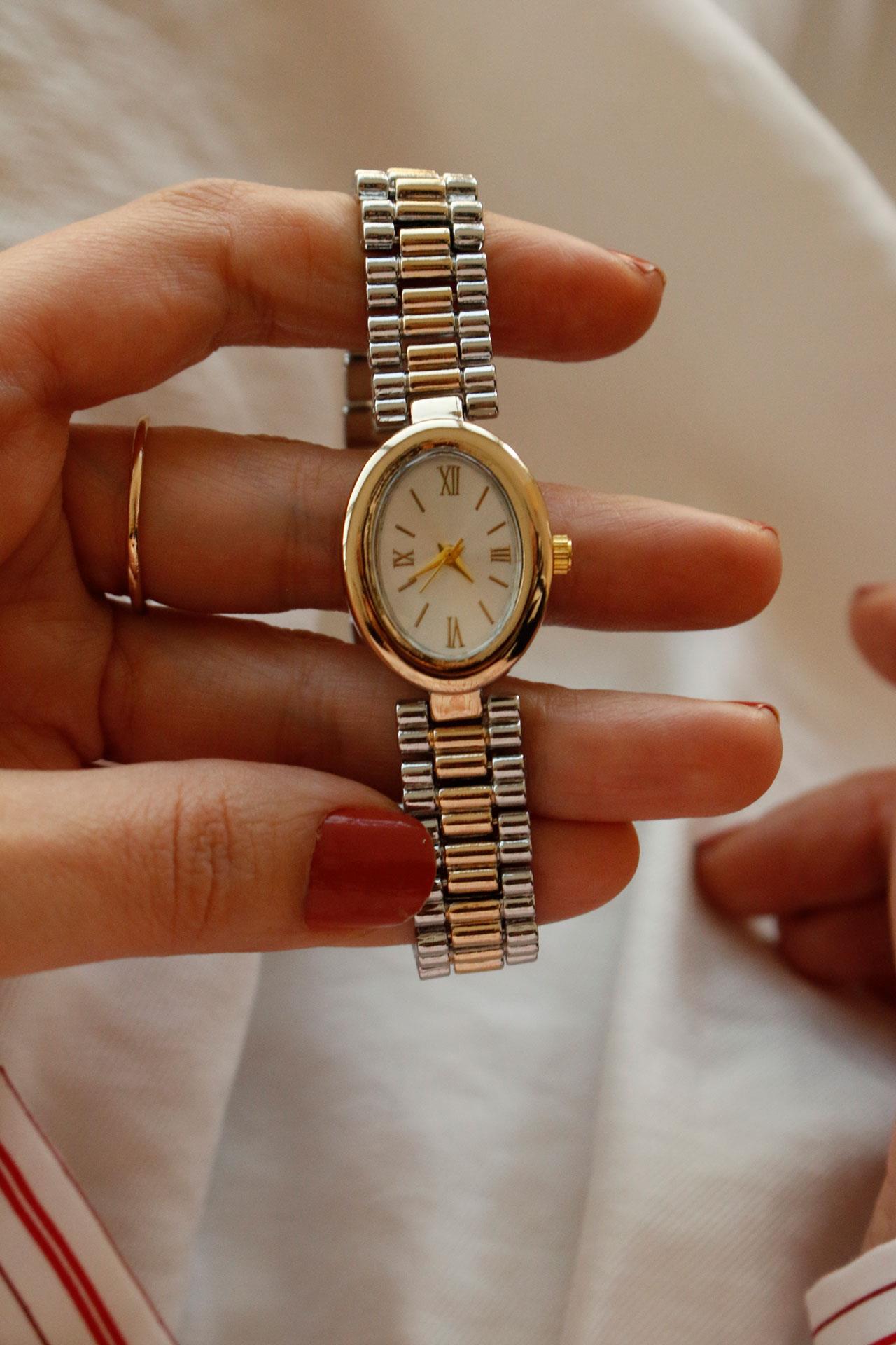 Alvena Gold&Silver Oval Kadın Metal Kol Saati