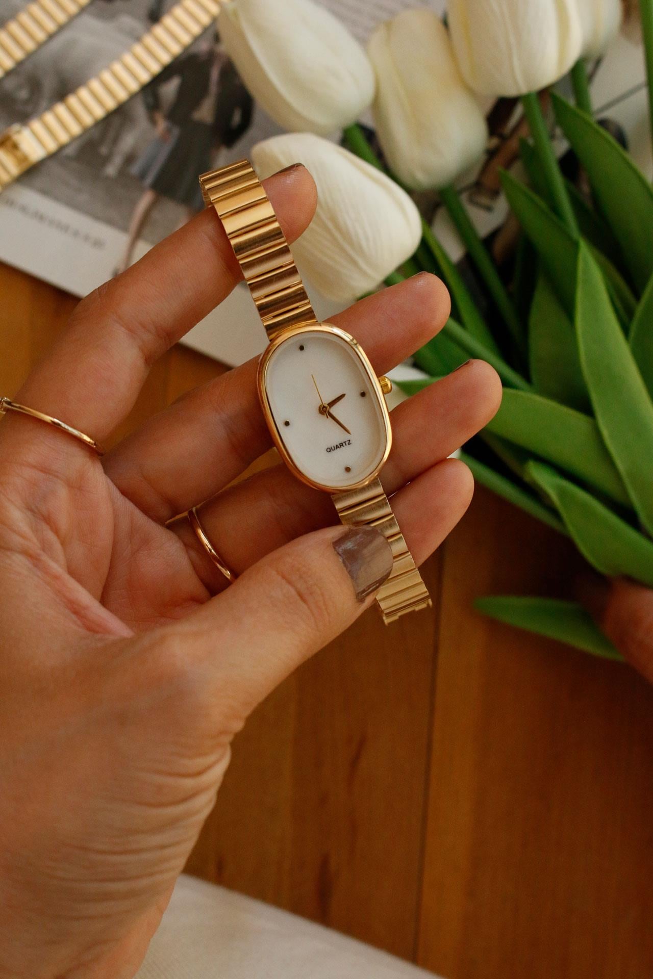Brede Gold Oval Kadın Metal Kol Saati