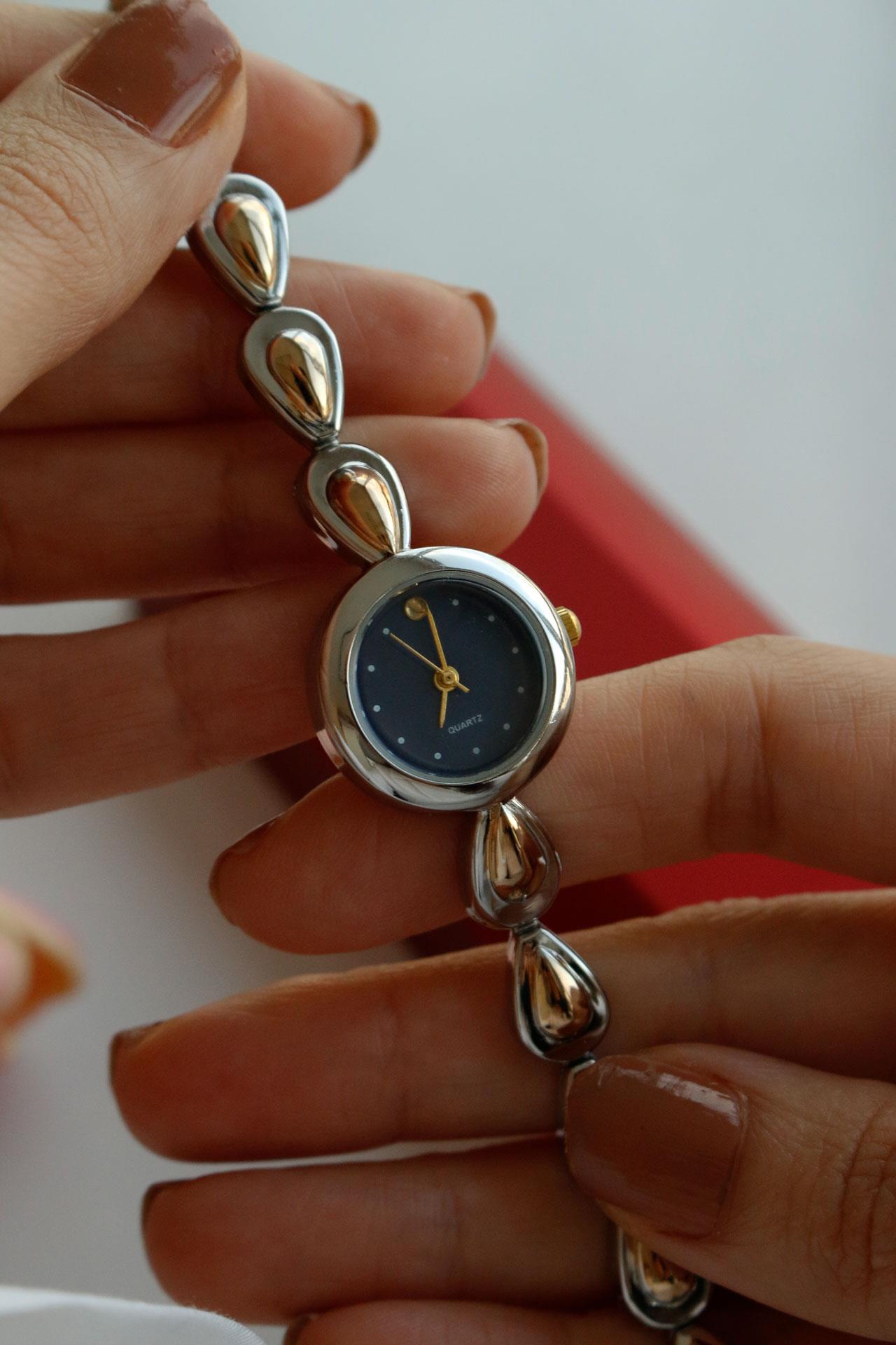 Montelisse Vintage Gold&Silver Metal Kadın Kol Saati(lacivert kadran)