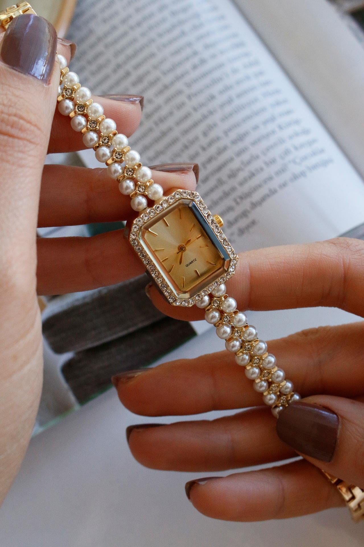 Pearl Dikdörtgen Gold Metal Kol Saati 08(gold kadran)