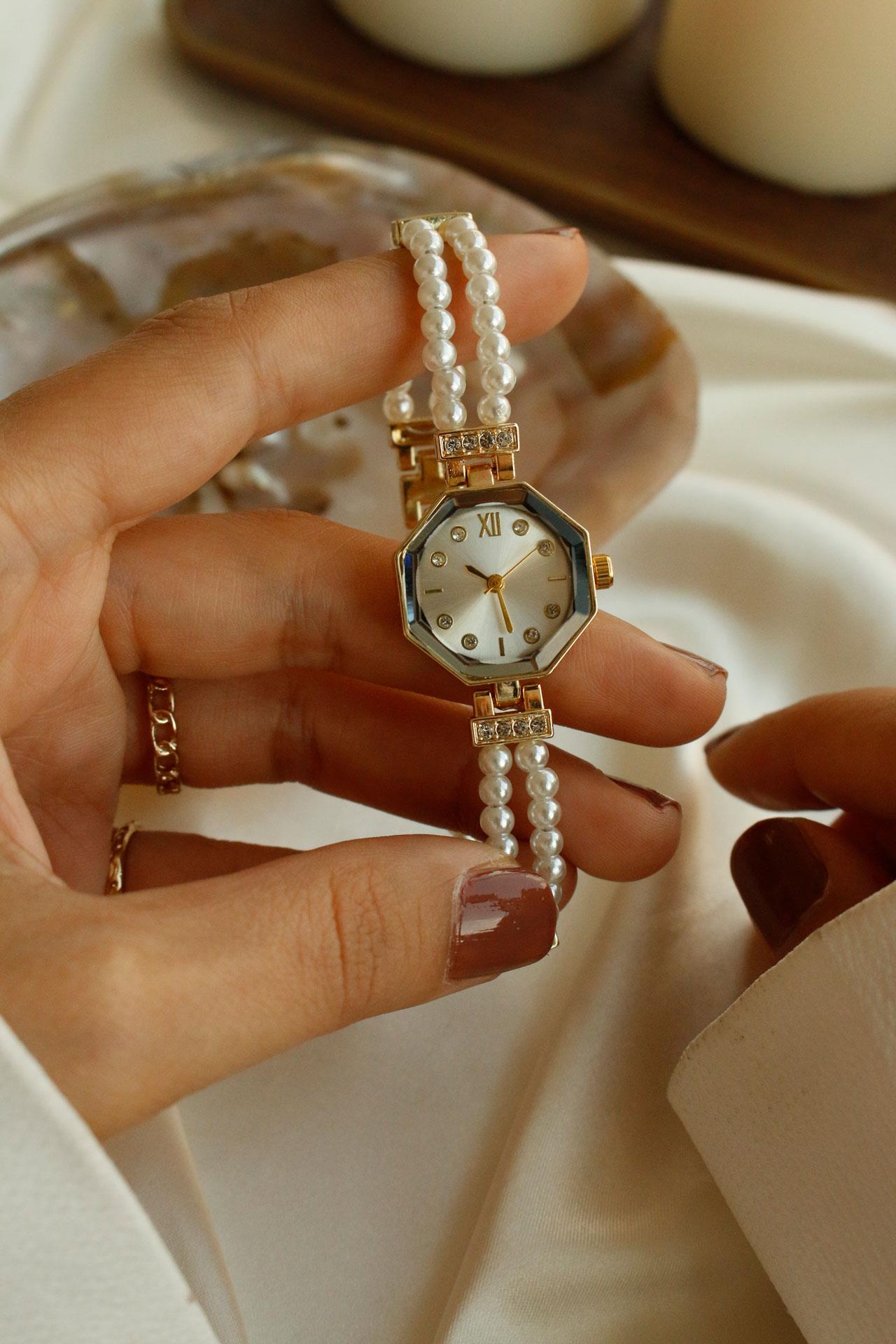 Pearl Gold Köşegen Metal İncili Kol Saati 17