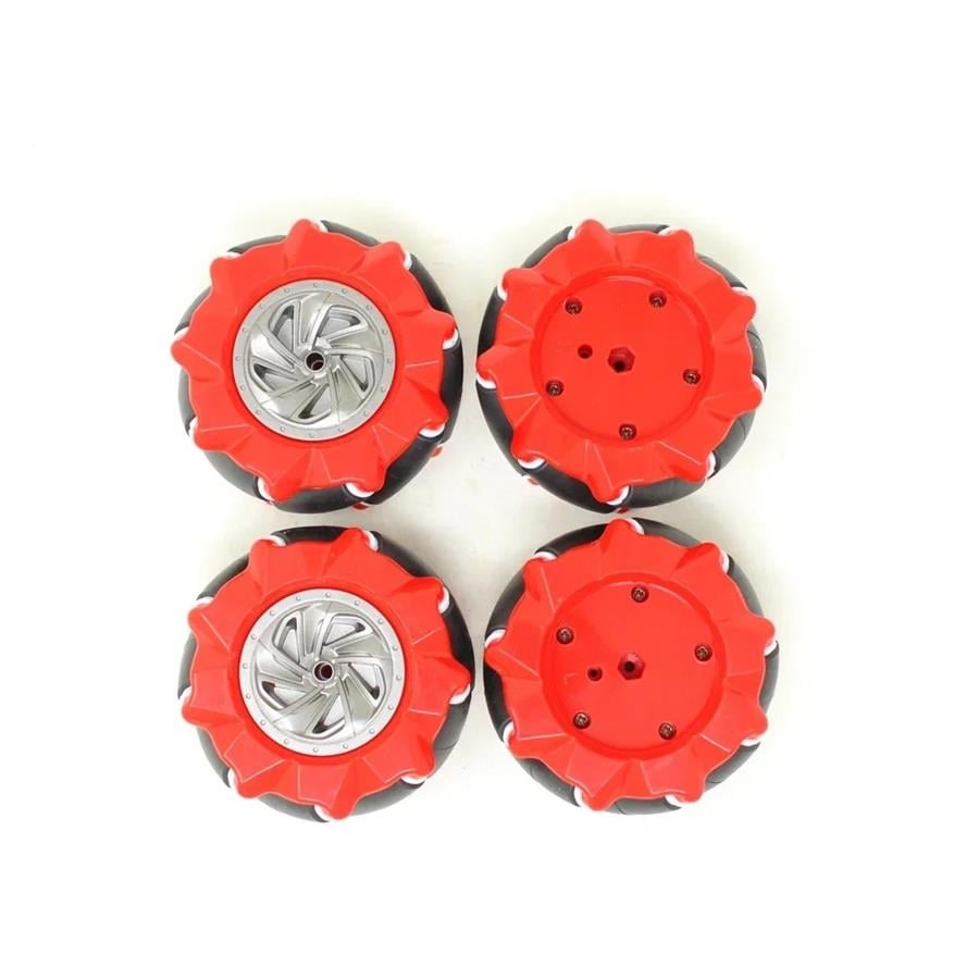 PARASUT80mm Mecanum Tekerlek Seti Kırmızı (4’lü Mecanum Tekerlek 2 Sağ + 2 Sol Kaplin Dahil Değildir)