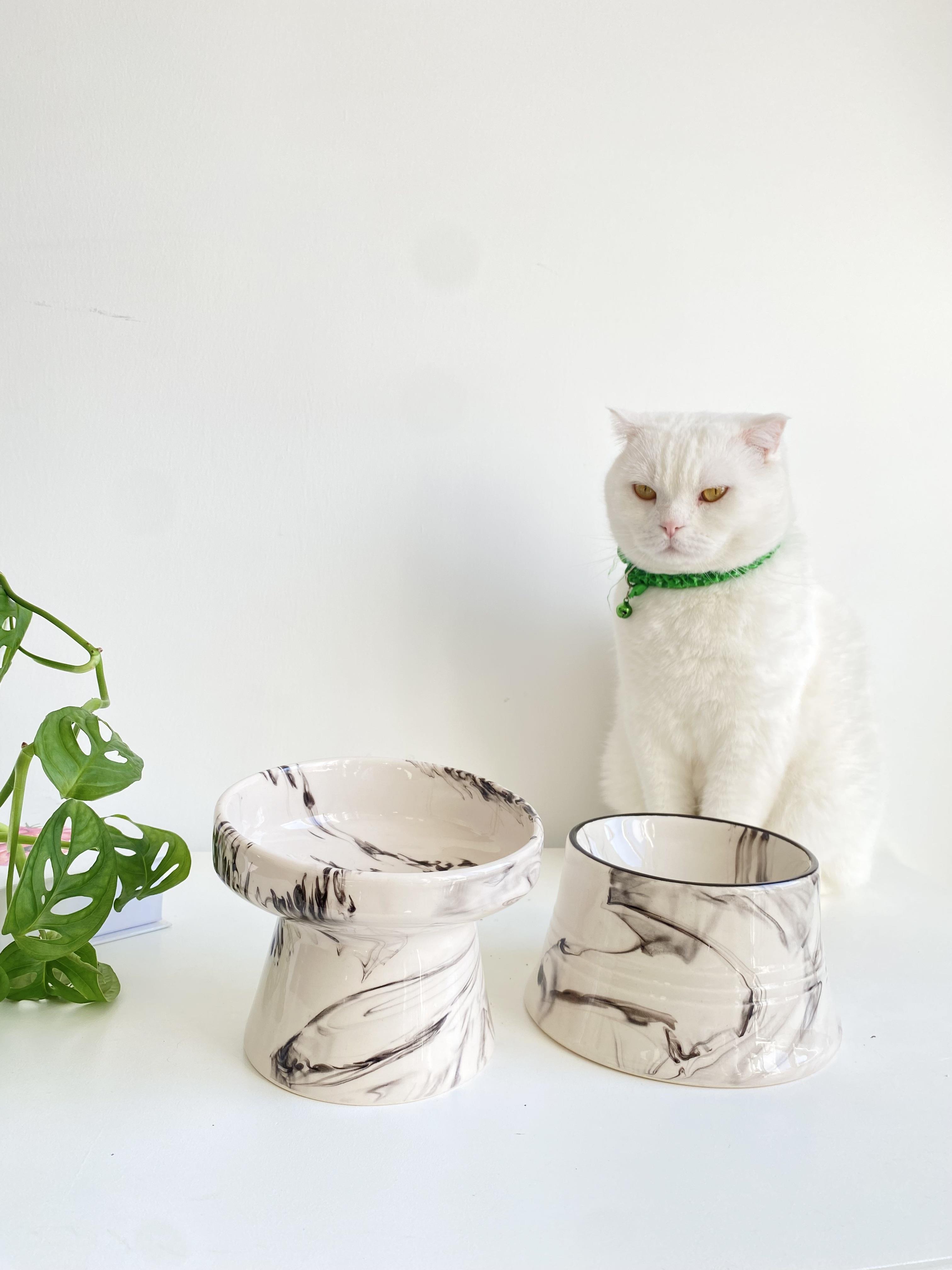 Seramik Kedi Ve Köpek Mama Su Kabı (SİYAH BEYAZ & COLORFUL MOON SİYAH ÇİZGİLİ - EBRU DESEN- 2'Lİ)