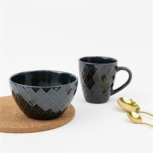 Porselen Kupa Kase Seti Bowl Mug Kahvaltı Ikili Set (KOYU YEŞİL)