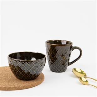 Porselen Kupa Kase Seti Bowl Mug Kahvaltı Ikili Set (KOYU KAHVERENGİ)