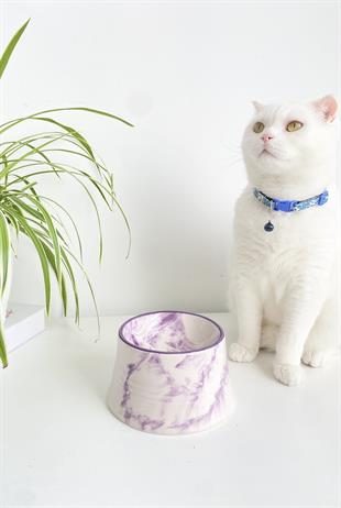 Seramik Kedi Ve Köpek Mama Su Kabı Colorful Moon Bowl (MOR ÇİZGİLİ - EBRU DESEN)