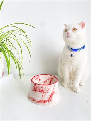 Seramik Kedi Ve Köpek Mama Su Kabı Colorful Moon Bowl (KIRMIZI ÇİZGİLİ -EBRU DESEN)