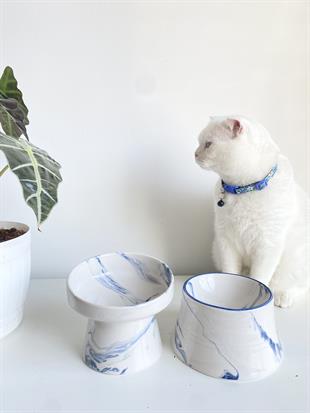 Seramik Kedi Ve Köpek Mama Su Kabı (MAVİ BEYAZ & COLORFUL MOON MAVİ ÇİZGİLİ - EBRU DESEN- 2'Lİ)