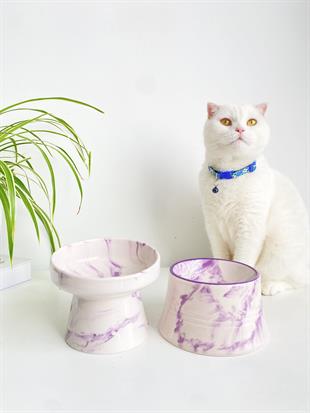 Seramik Kedi Ve Köpek Mama Su Kabı (MOR BEYAZ & COLORFUL MOON/ MOR ÇİZGİLİ - EBRU DESEN- 2'Lİ)