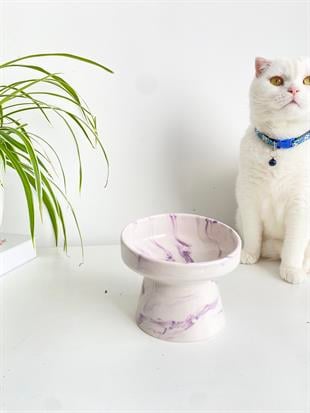 Seramik Kedi Ve Köpek Mama Su Kabı (Mor Beyaz-ebru Desen-m2)