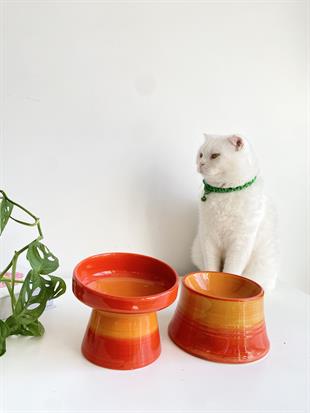 Seramik Kedi Ve Köpek Mama Su Kabı (TURUNCU & COLORFUL MOON TURUNCU- GÖKKUŞAĞI- 2'Lİ)