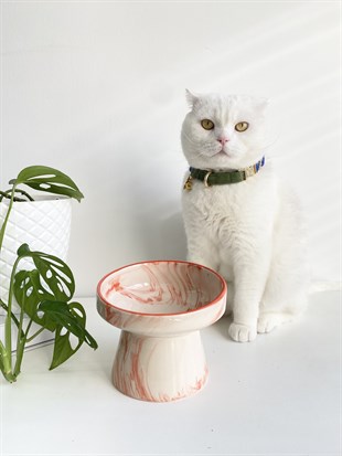 Seramik Kedi ve Köpek Mama Su Kabı (TURUNCU ÇİZGİLİ-Ebru desen)