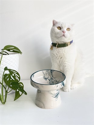 Seramik Kedi ve Köpek Mama Su Kabı (YEŞİL ÇİZGİLİ-ebru desen)