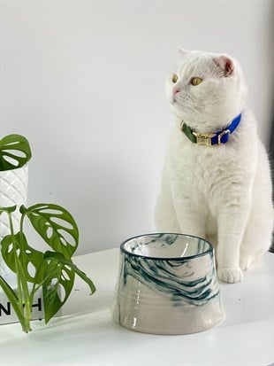Seramik Kedi ve Köpek Mama Su Kabı (YEŞİL ÇİZGİLİ)