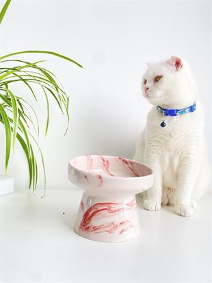 Seramik Kedi ve Kopek Mama Su Kabı(kırmızı-beyaz-ebru-desenli M2)