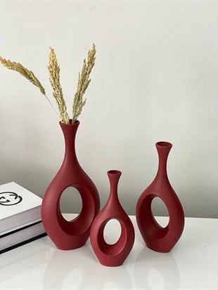 Stilinbu Seramik Bohem Hitit Vazo 3' lü H253035 ( Bordo Renk )