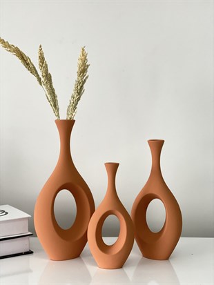 Stilinbu Seramik Bohem Hitit Vazo 3' lü H253035 ( Kiremit Renk )