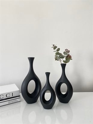 Stilinbu Seramik Bohem Hitit Vazo 3' lü H253035 ( Siyah Renk )