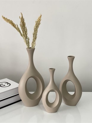 Stilinbu Seramik Bohem Hitit Vazo 3' lü H253035 ( SÜTLÜ KAHVE )