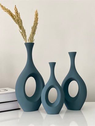 Stilinbu Seramik Bohem Hitit Vazo 3' lü H253035 ( Kozmik Mavi Renk )