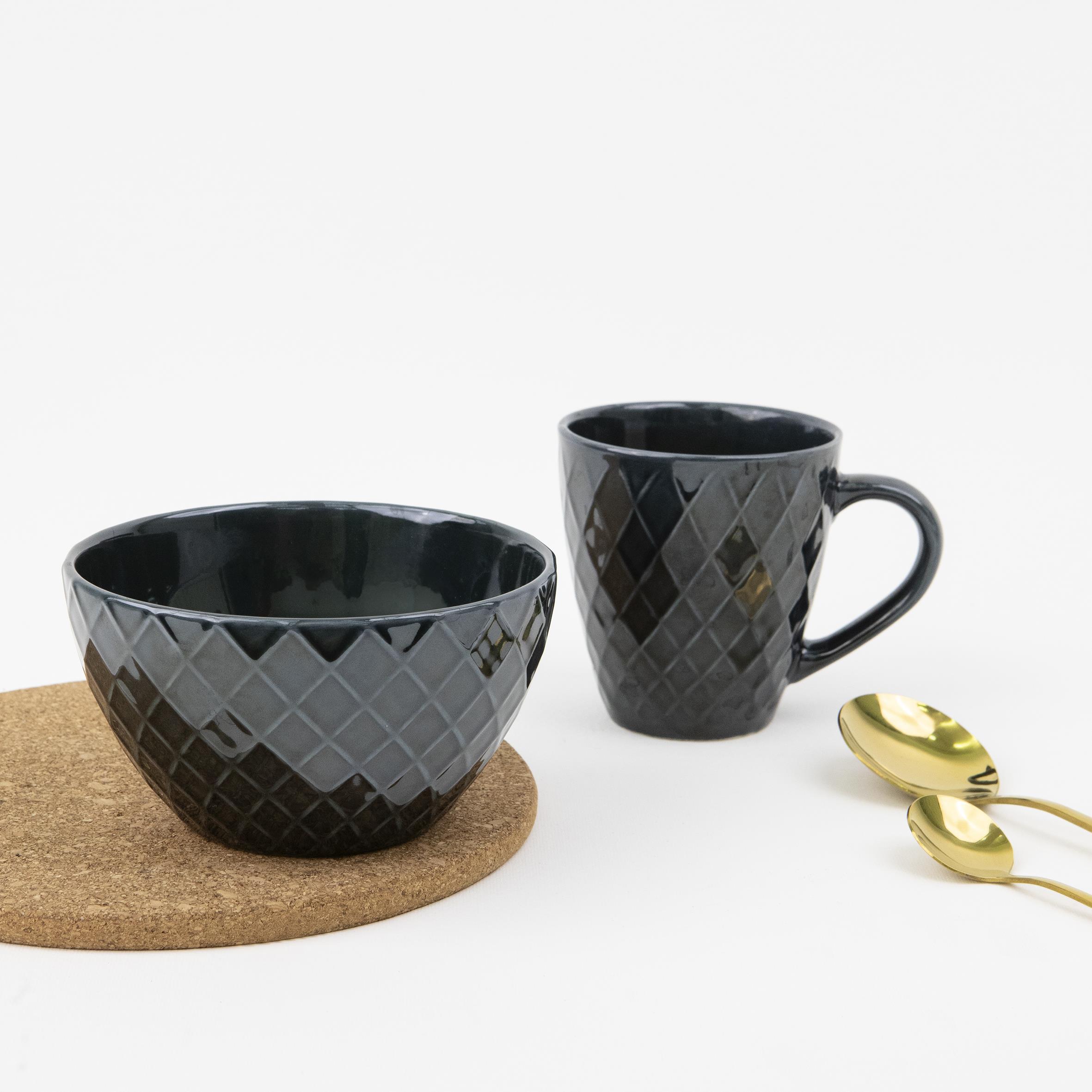 Porselen Kupa Kase Seti Bowl Mug Kahvaltı Ikili Set (KOYU YEŞİL)