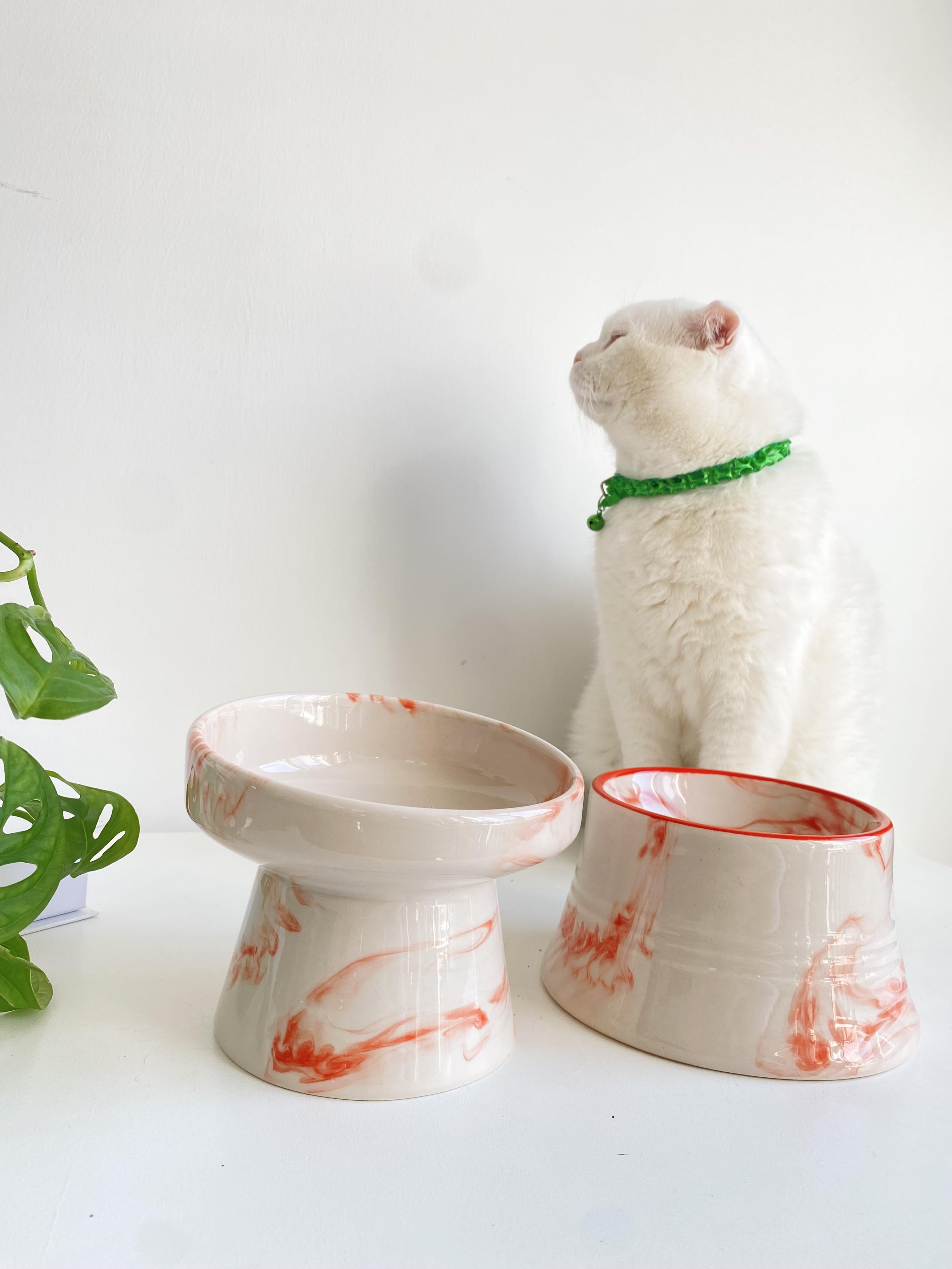 Seramik Kedi Ve Köpek Mama Su Kabı (TURUNCU BEYAZ & COLORFUL MOON TURUNC ÇİZGİLİ - EBRU DESEN- 2'Lİ)