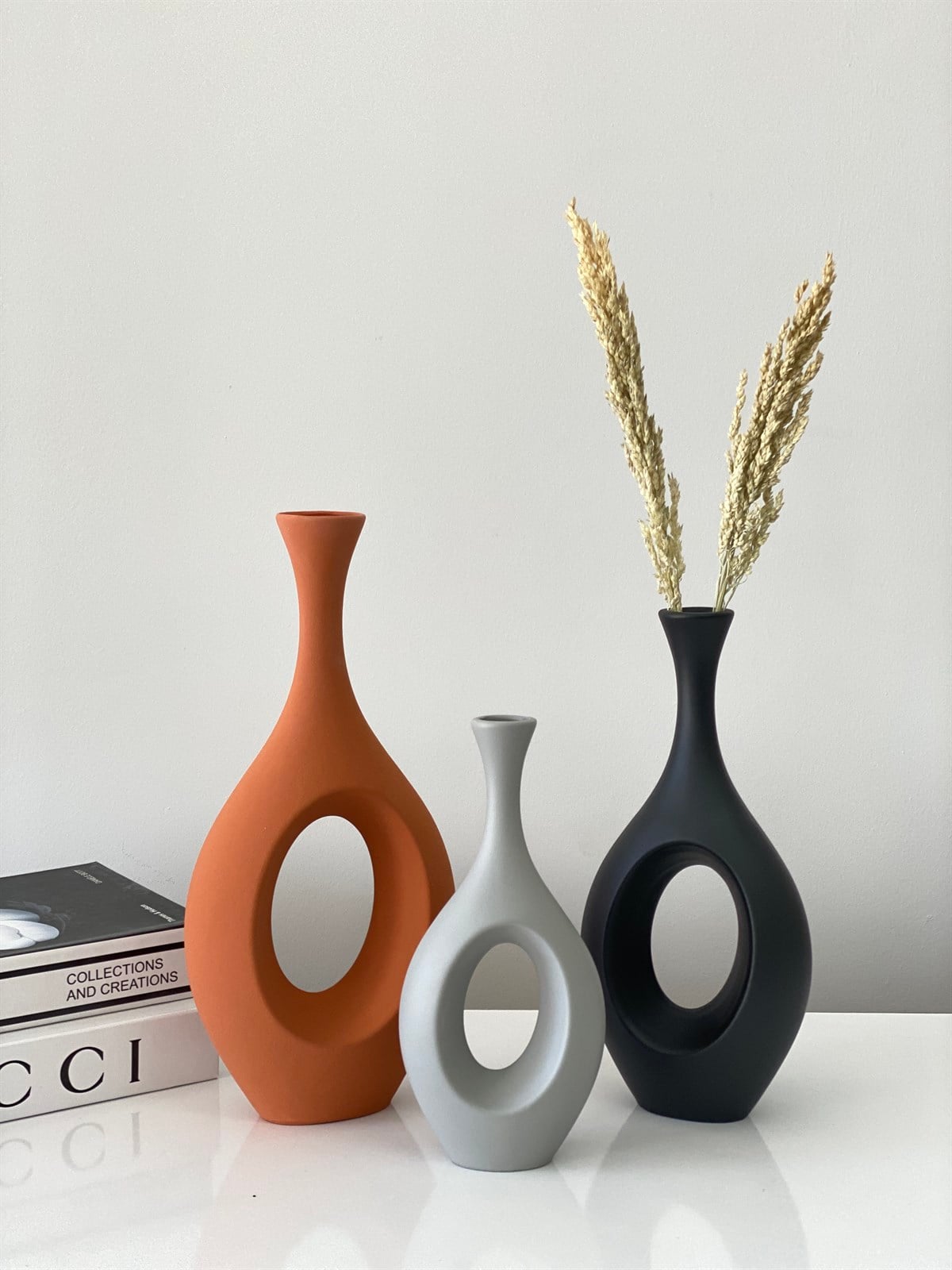 Stilinbu Seramik Bohem Hitit Vazo 3' lü H253035 (KİREMİTSİYAHGRİ)