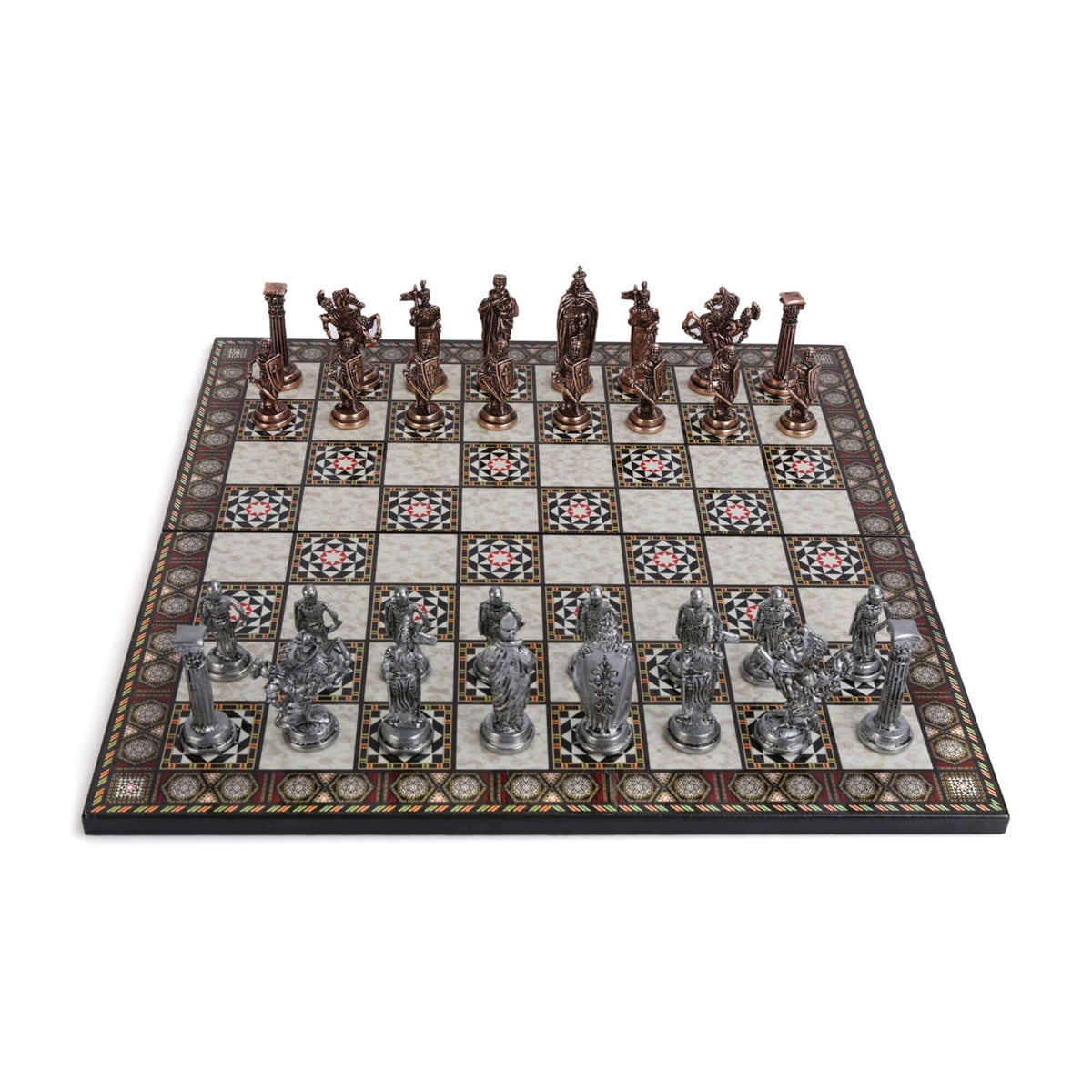 İNGİLİZ Antik Bakır Satranç Taşları ve Katlanır Sedef Desenli MDF Ahşap Satranç Tahtası (43x43 cm.)