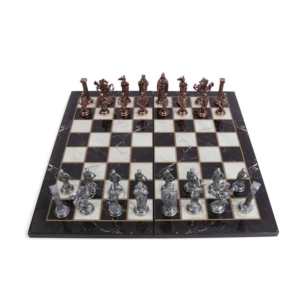 İNGİLİZ Antik Bakır Satranç Taşları ve Katlanır Mermer Desenli MDF Ahşap Satranç Tahtası (43x43 cm.)