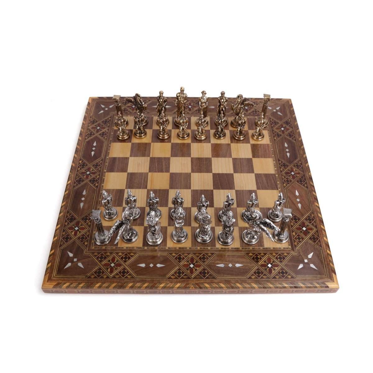 5 No. PEGASUS Parlak Satranç Taşları ve El Yapımı Düz Masif Ahşap Satranç Tahtası