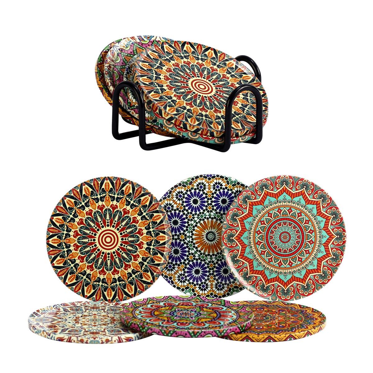 6 lı Çini Desenli (Autum) Metal Bardak Altlığı ve Metal Stand