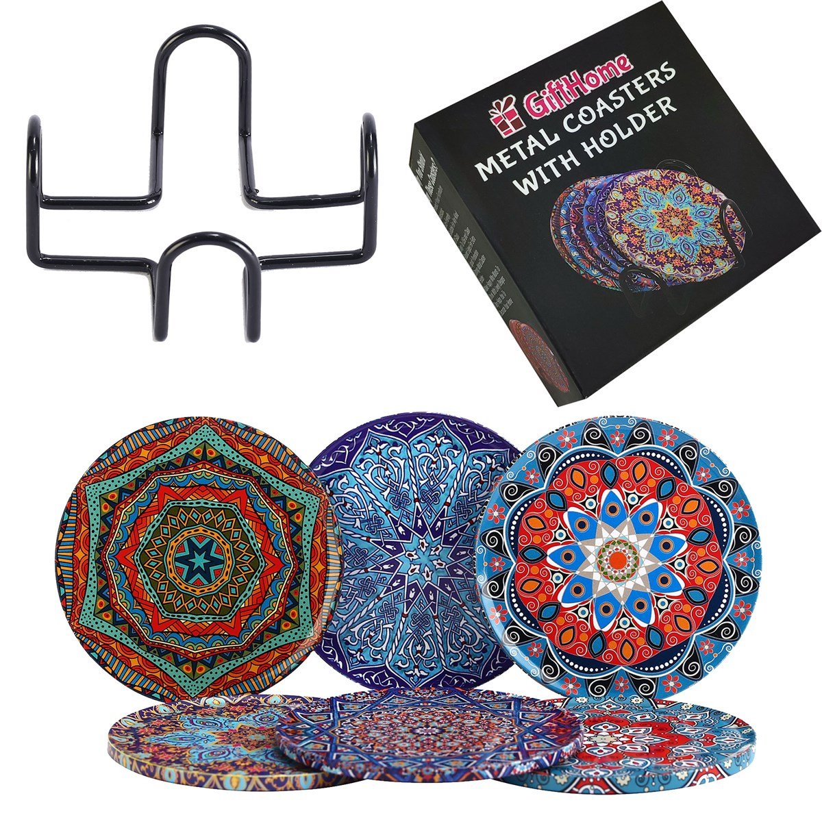 6 lı Çini Desenli (Ocean) Metal Bardak Altlığı ve Metal Stand