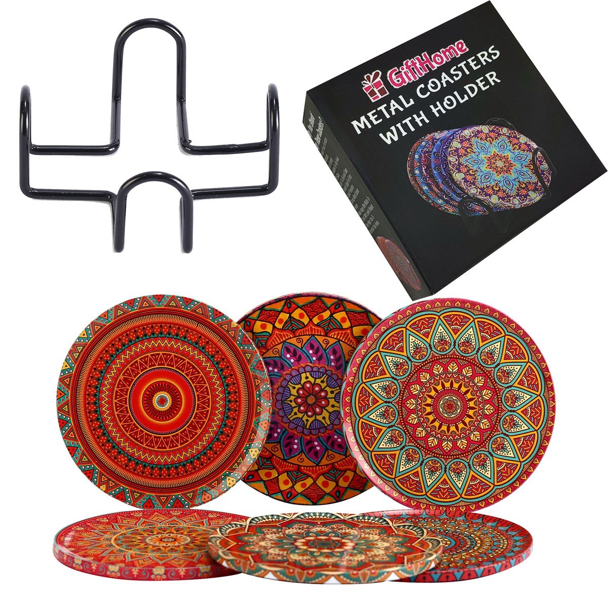 6 lı Çini Desenli (Sunset) Metal Bardak Altlığı ve Metal Stand