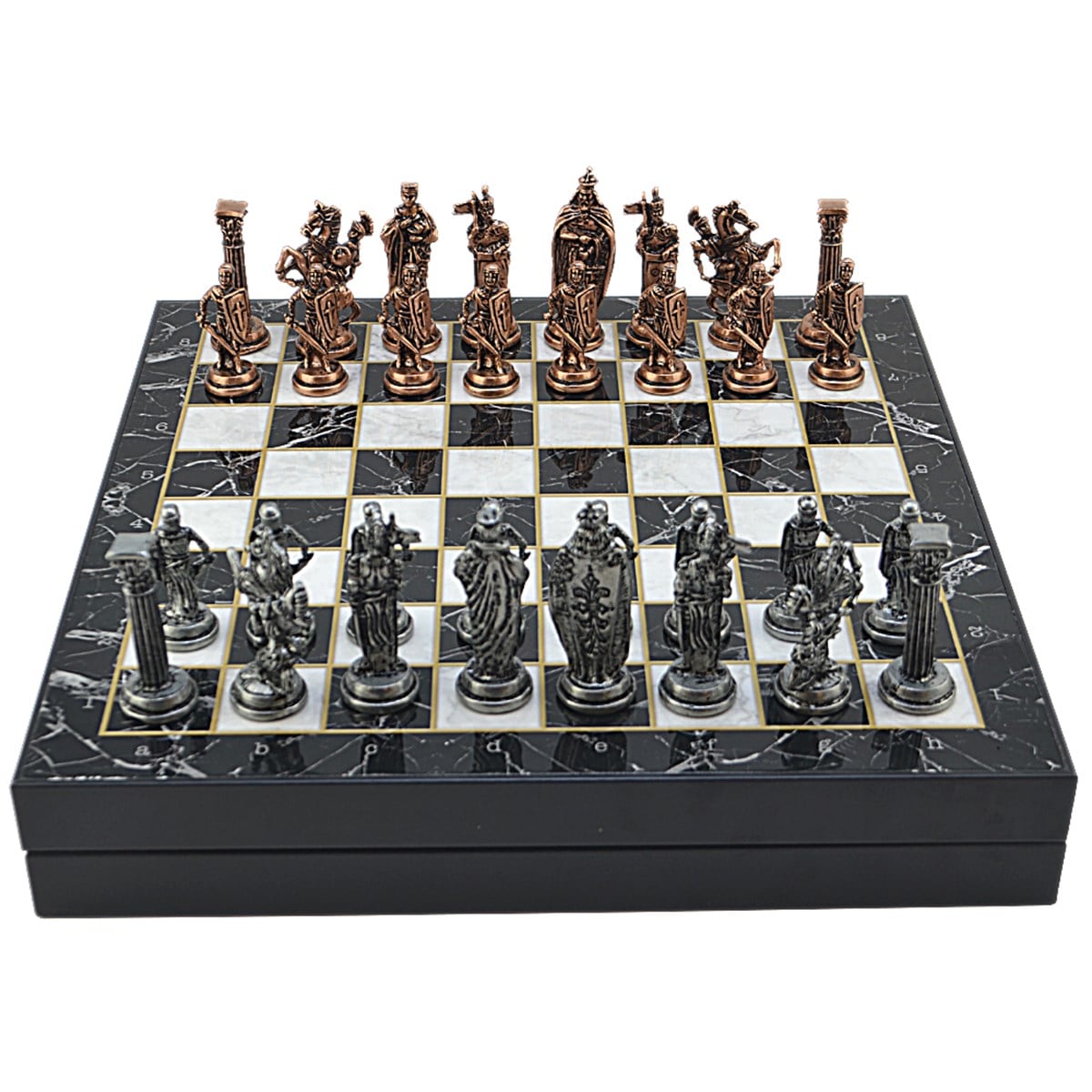 GiftHome Büyük Boy Metal İngiliz Satranç Tk. Antik ve Mermer Desenli Sandıklı MDF Tahtası(36X36 cm.) 