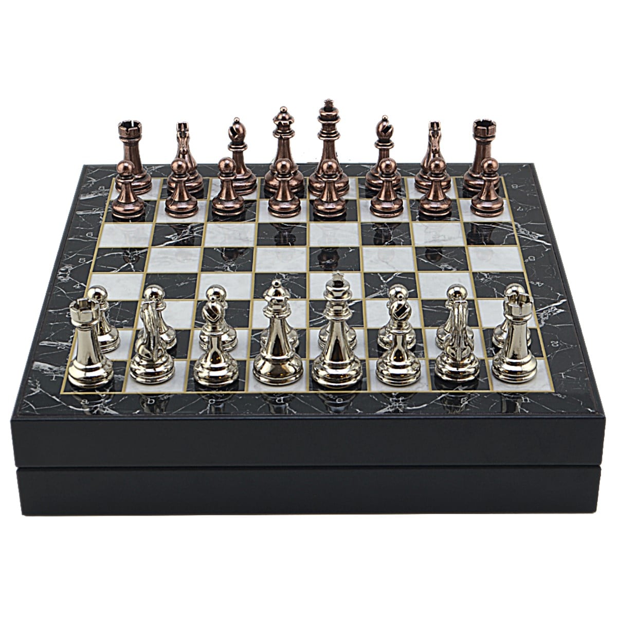GiftHome Büyük Boy Metal Klasik Satranç Tk. Antik ve Mermer Desenli Sandıklı MDF Tahtası(36X36 cm.) 