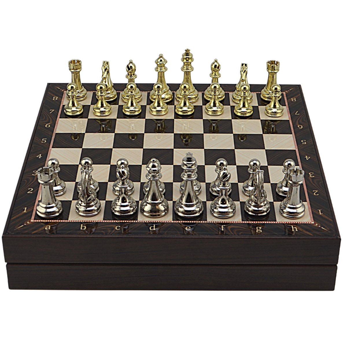 GiftHome Büyük Boy Metal Klasik Satranç Tk. Parlak ve Ceviz Desenli Sandıklı MDF Tahtası(36X36 cm.) 