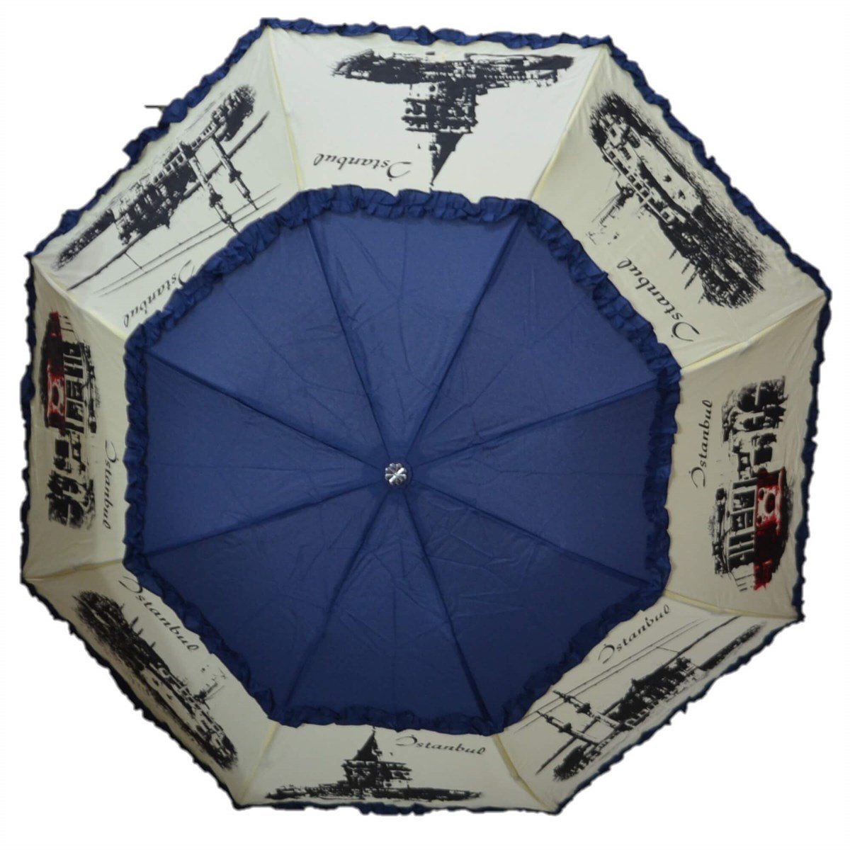Almera İstanbul Desenli Katlanır Kadın Şemsiye Mavi