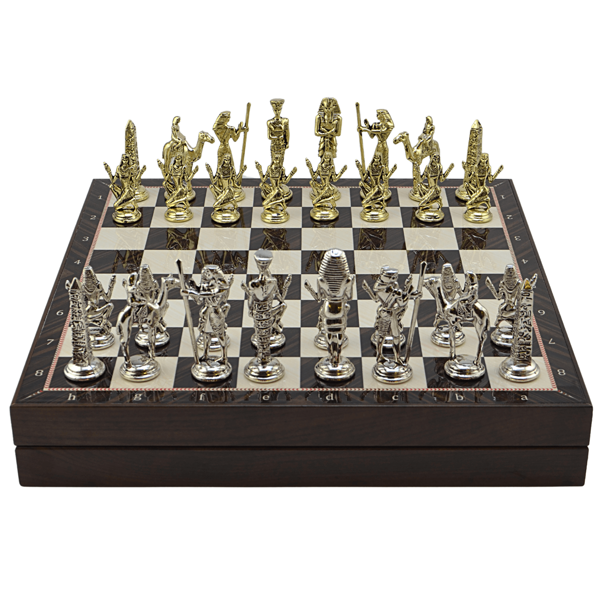 GiftHome Metal MISIR Satranç Takımı Parlak ve Ceviz Desenli MDF Sandıklı Satranç Tahtası (36X36X6 cm.)