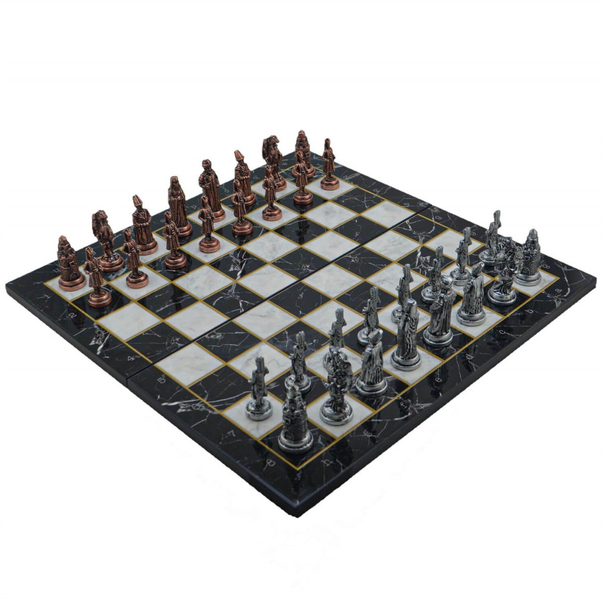 Gifthome Metal Satranç Takımı/Seti; Büyük,Osmanlı,Antik ve Katlanır Mermer Desenli Satranç Tahtası