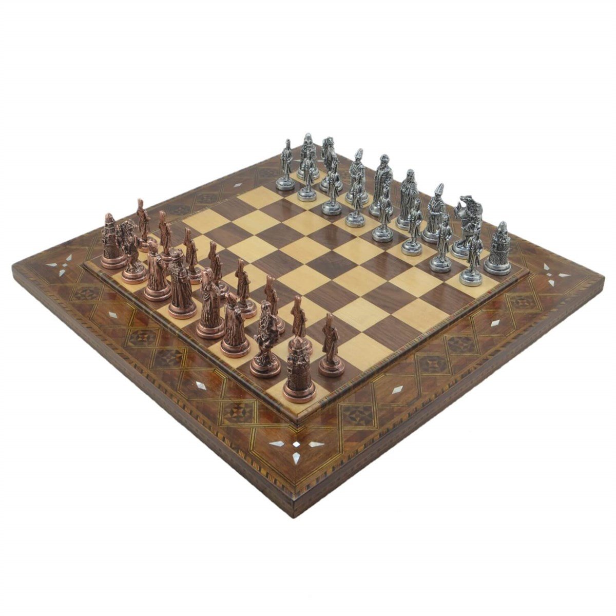Gifthome Metal Satranç Takımı/Seti; Büyük, Osmanlı, Antik, Düz Masif Ahşap Satranç Tahtası