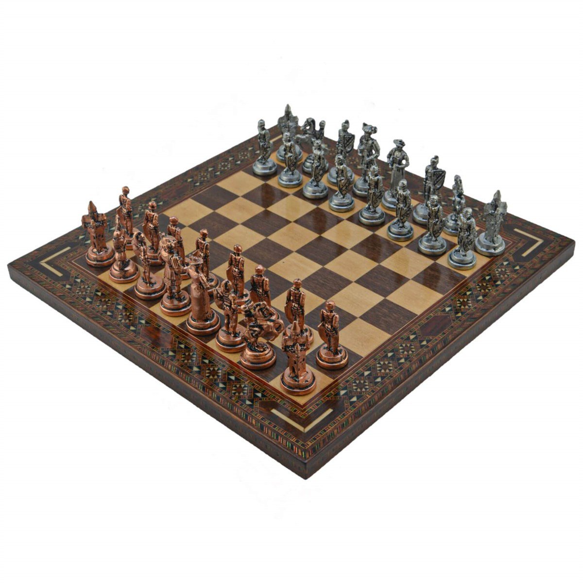 Gifthome Metal Satranç Takımı/Seti; Orta, İspanyol, Antik Taş ve Ceviz Düz Masif Satranç Tahtası