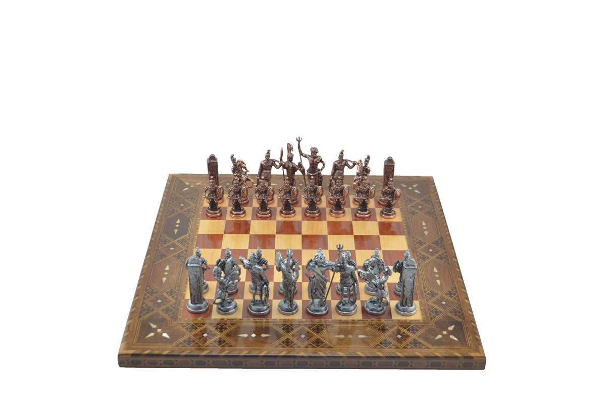 Gifthome Metal Satranç Takımı/Seti;Battal,Yunan,Antik Taş ve Sedefli,Gül Düz Masif Satranç Tahtası