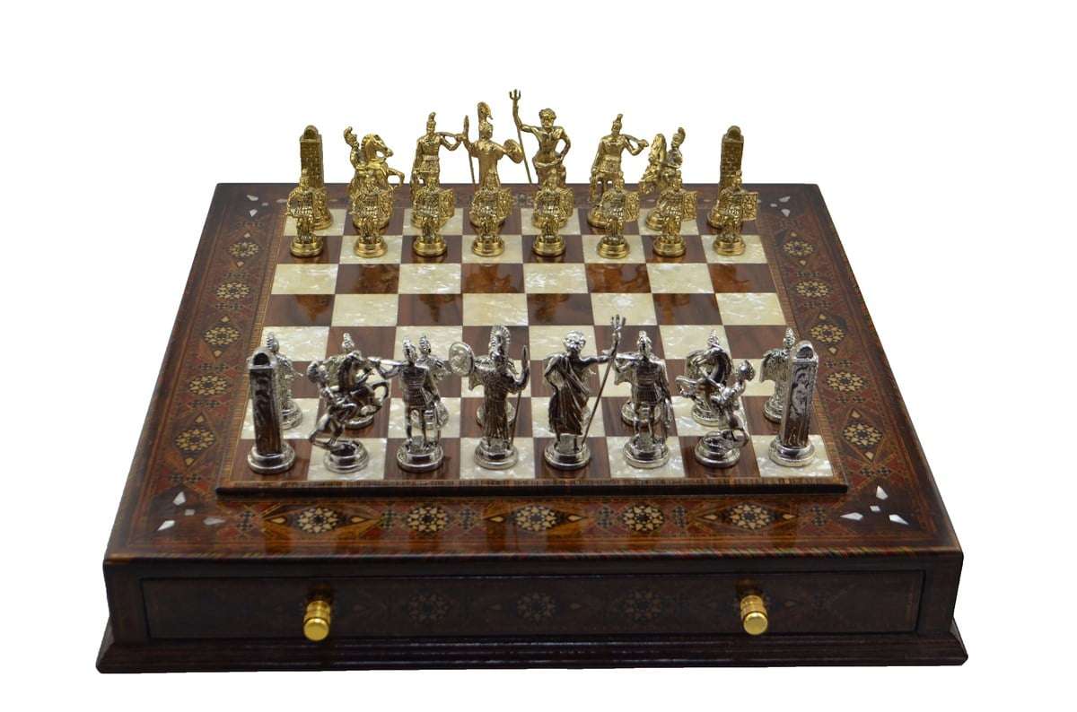 Gifthome Metal Satranç Takımı/Seti;Battal,Yunan,Parlak,Sedefli,K.Ceviz,Çekm.Satranç Tahtası