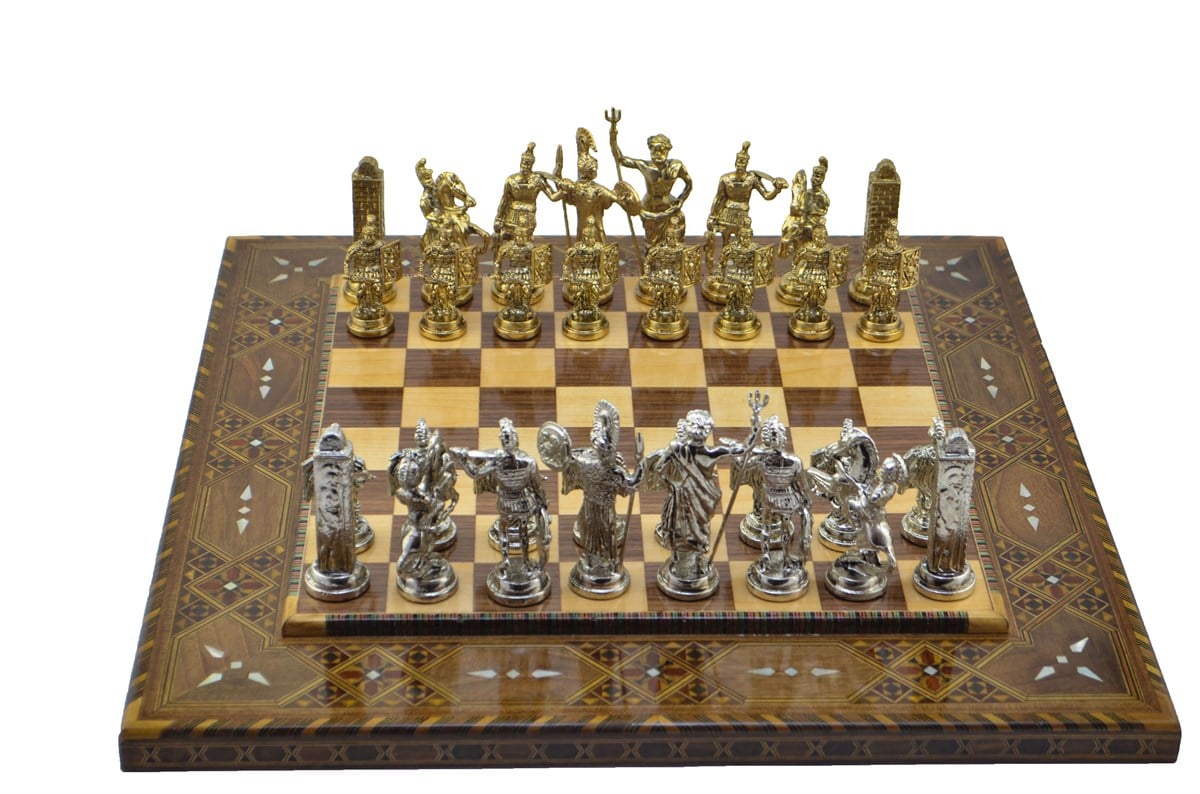 Gifthome Metal Satranç Takımı/Seti;Battal,Yunan ,Parlak Taş ve Sedefli,Düz Masif Satranç Tahtası