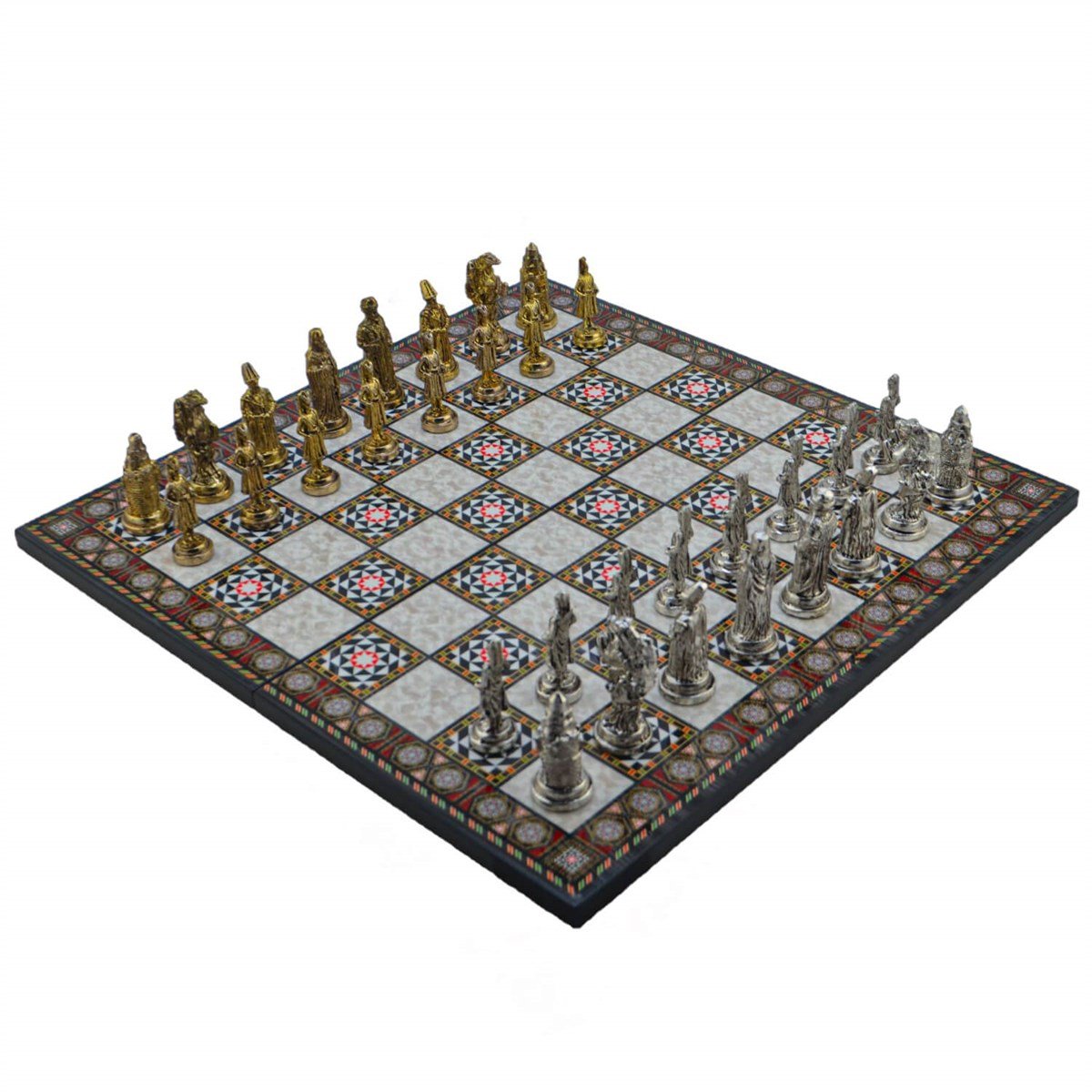 Gifthome Metal Satranç Takımı/Seti;Büyük,Osmanlı,Parlak ve Katlanır Sedef Desenli Satranç Tahtası
